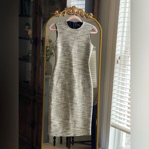 Theory Eano Branson Black and White Boucle Tweed Sleeveless Sheath Midi Dress